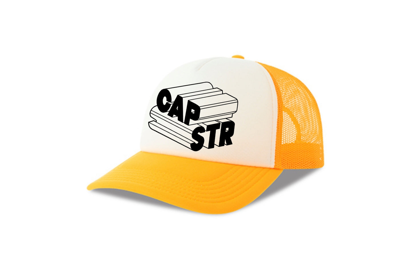 Street & graffiti art yellow-white trucker cap hat with original block letter graphic CAPSTR logo by Capstr