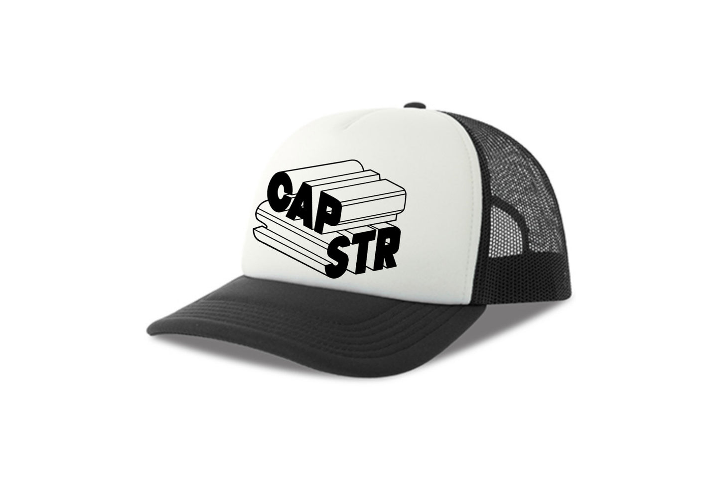 Street & graffiti art black-white trucker cap hat with original block letter graphic CAPSTR logo by Capstr