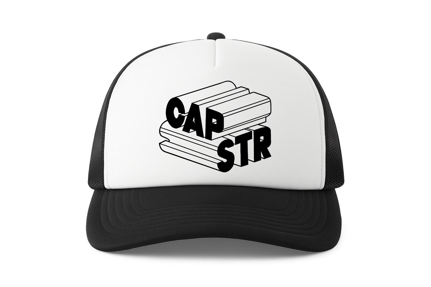 Street & graffiti art black-white trucker cap hat with original block letter graphic CAPSTR logo by Capstr