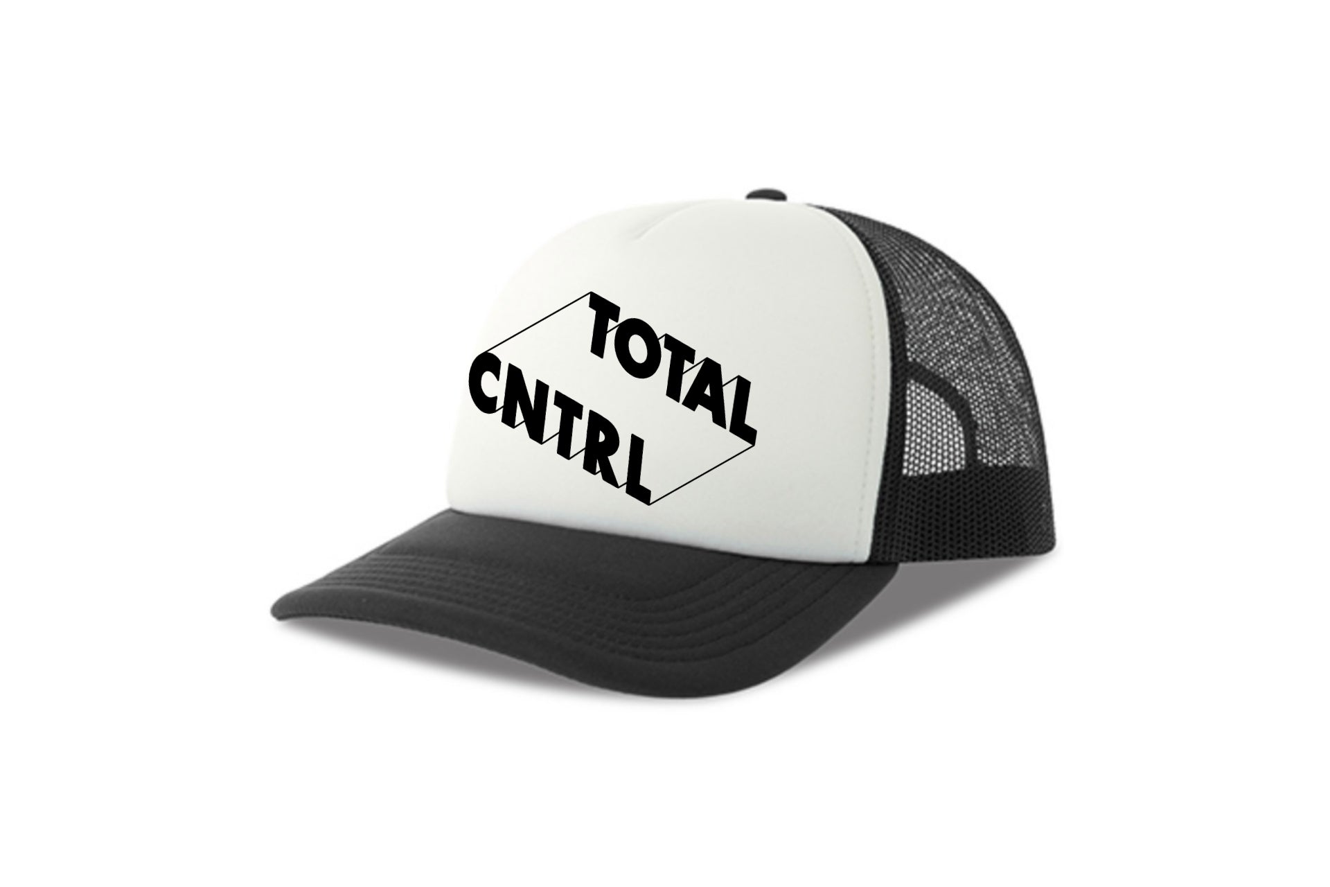 Street & graffiti art black-white trucker cap hat with original block letter design TOTAL CNTRL by Capstr
