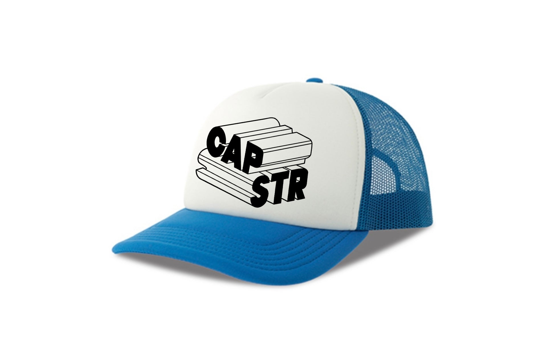 Street & graffiti art blue-white trucker cap hat with original block letter graphic CAPSTR logo by Capstr