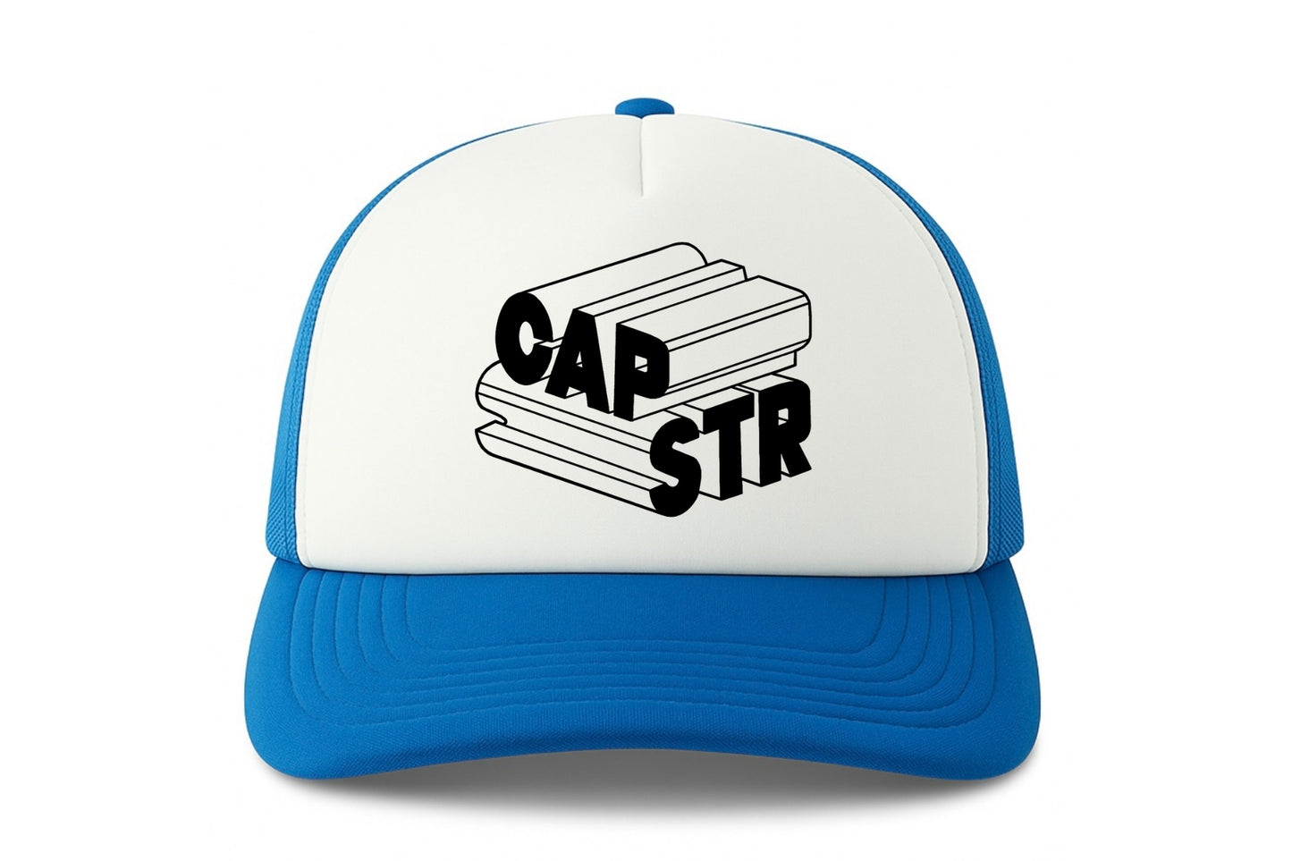 Street & graffiti art blue-white trucker cap hat with original block letter graphic CAPSTR logo by Capstr