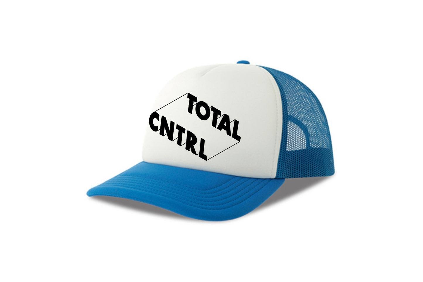 Street & graffiti art blue-white trucker cap hat with original block letter design TOTAL CNTRL by Capstr