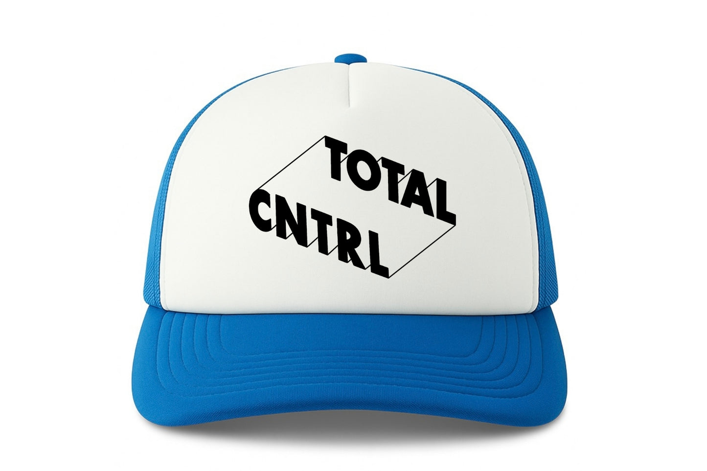 Street & graffiti art blue-white trucker cap hat with original block letter design TOTAL CNTRL by Capstr