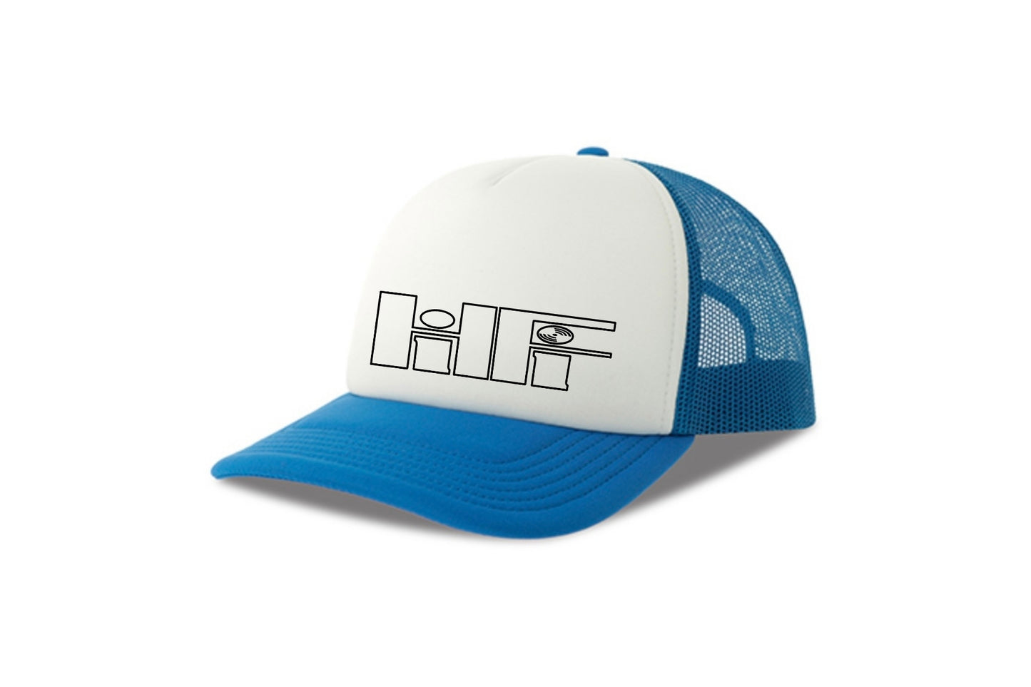 Street & graffiti art blue-white trucker cap hat with original retro HiFi print by Capstr