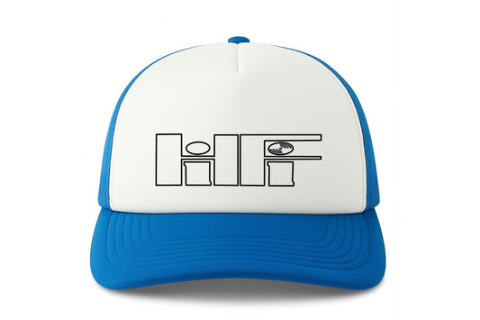Street & graffiti art blue-white trucker cap hat with original retro HiFi print by Capstr