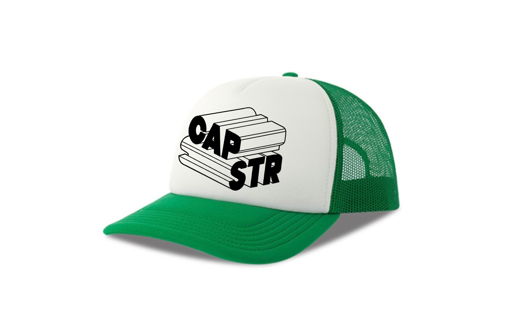 Street & graffiti art green-white trucker cap hat with original block letter graphic CAPSTR logo by Capstr