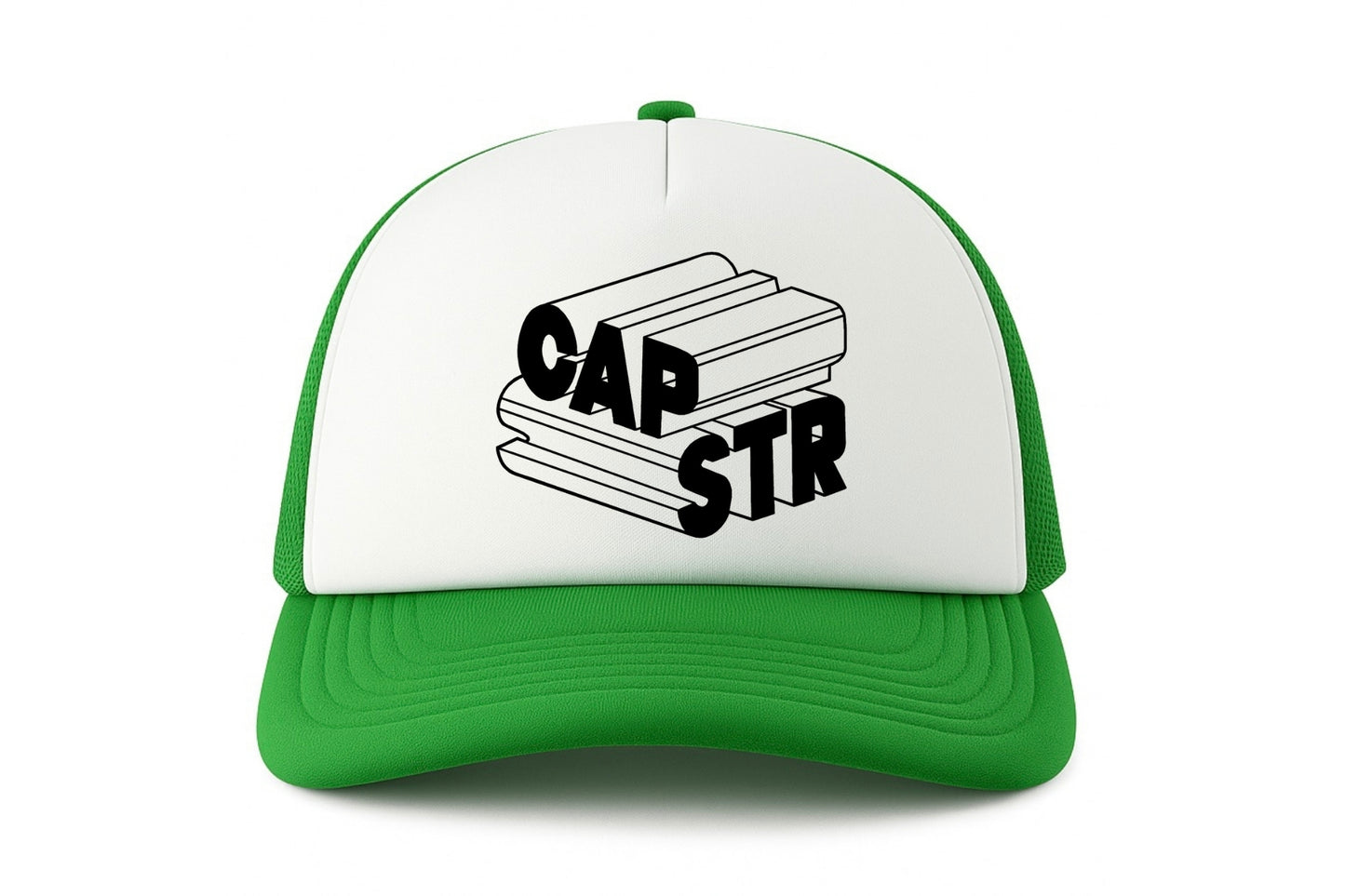 Street & graffiti art green-white trucker cap hat with original block letter graphic CAPSTR logo by Capstr