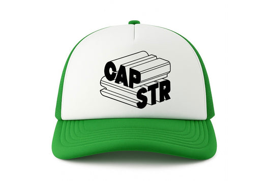 Street & graffiti art green-white trucker cap hat with original block letter graphic CAPSTR logo by Capstr