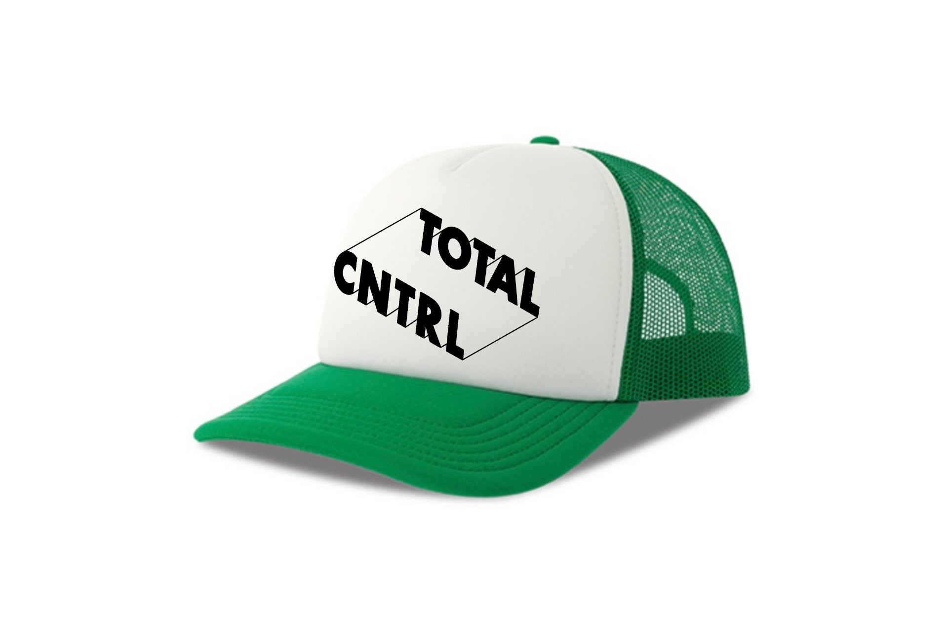 Street & graffiti art green-white trucker cap hat with original block letter design TOTAL CNTRL by Capstr