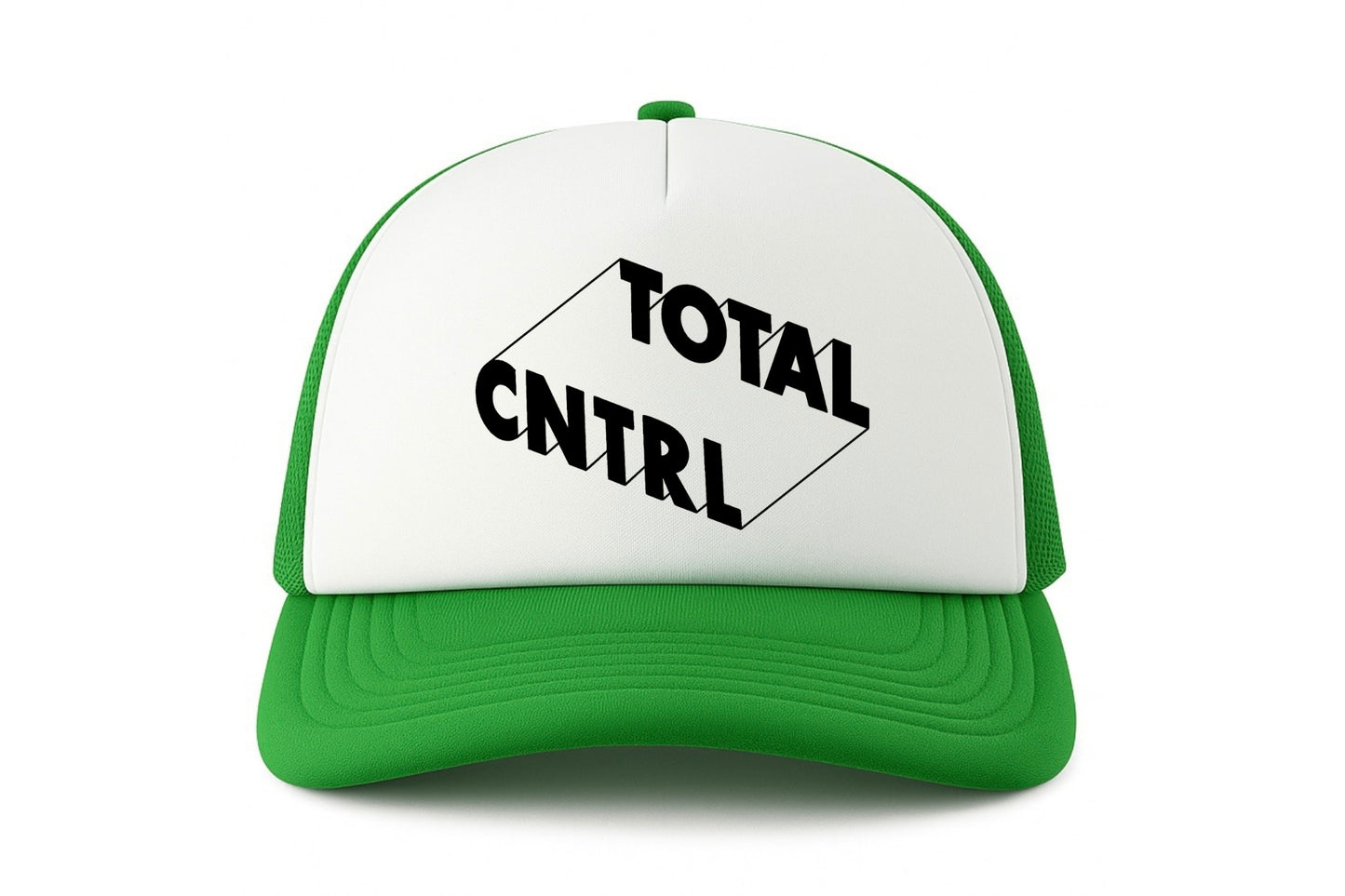 Street & graffiti art green-white trucker cap hat with original block letter design TOTAL CNTRL by Capstr
