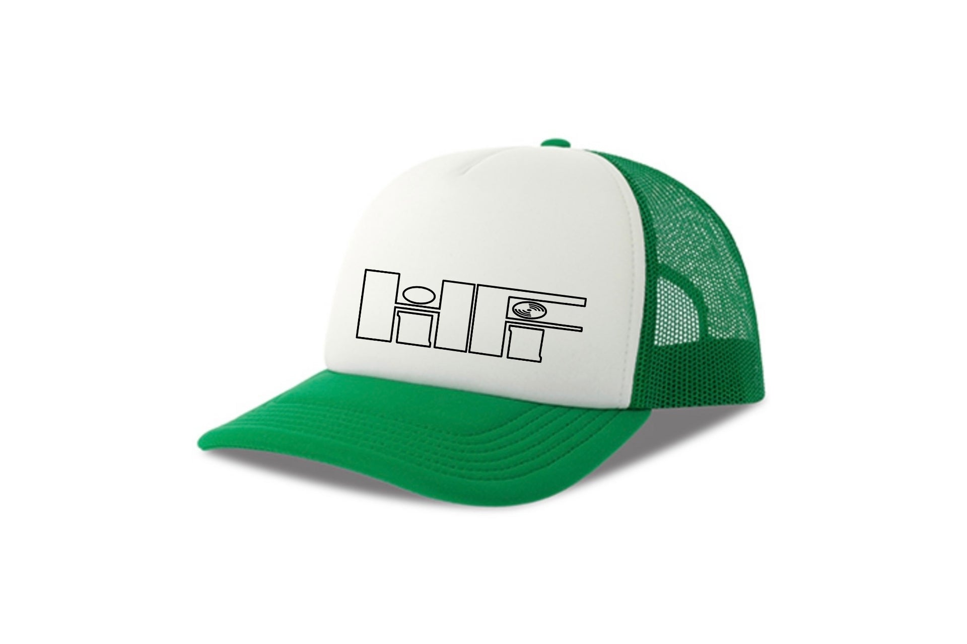 Street & graffiti art green-white trucker cap hat with original retro HiFi print by Capstr