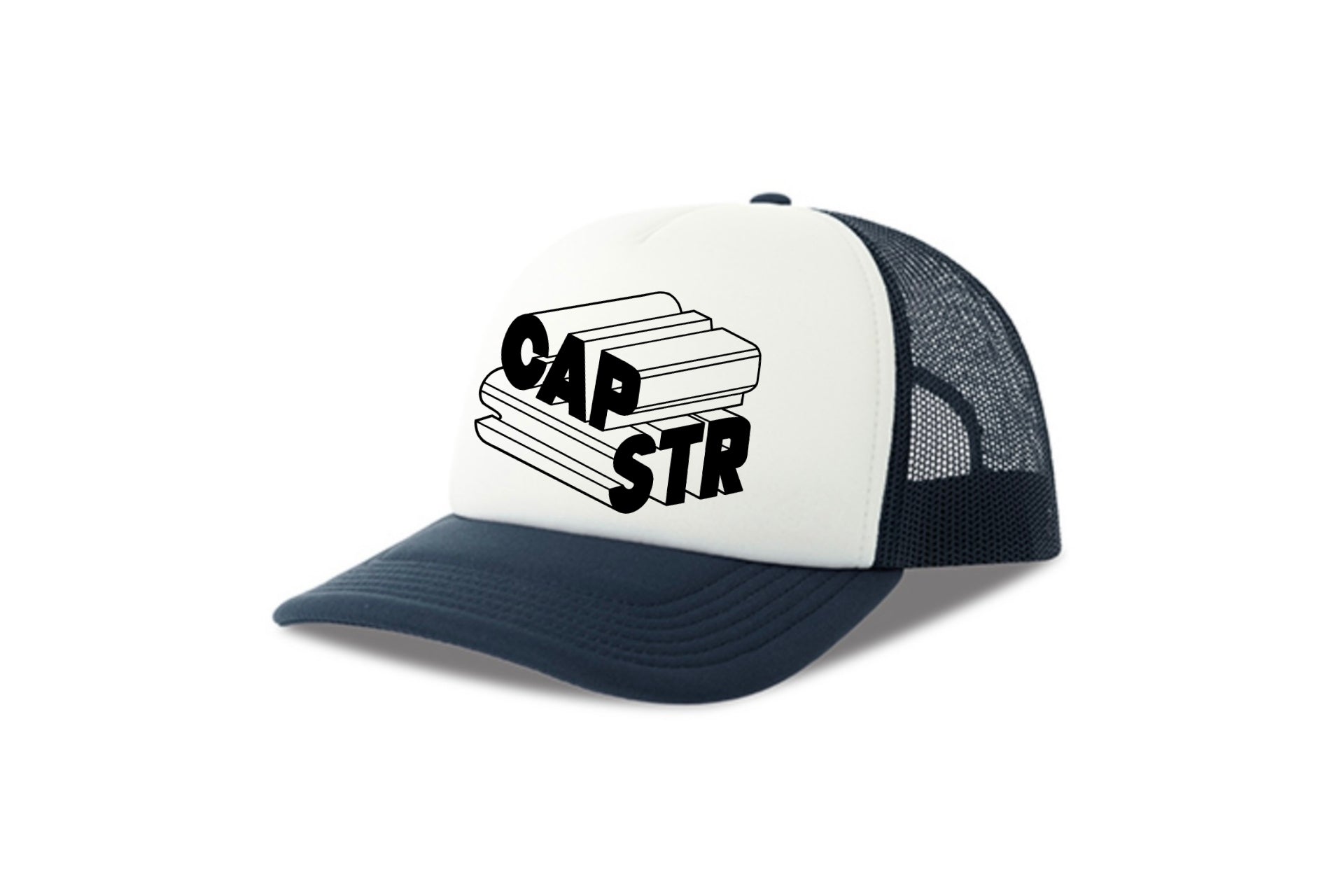 Street & graffiti art navy-white trucker cap hat with original block letter graphic CAPSTR logo by Capstr