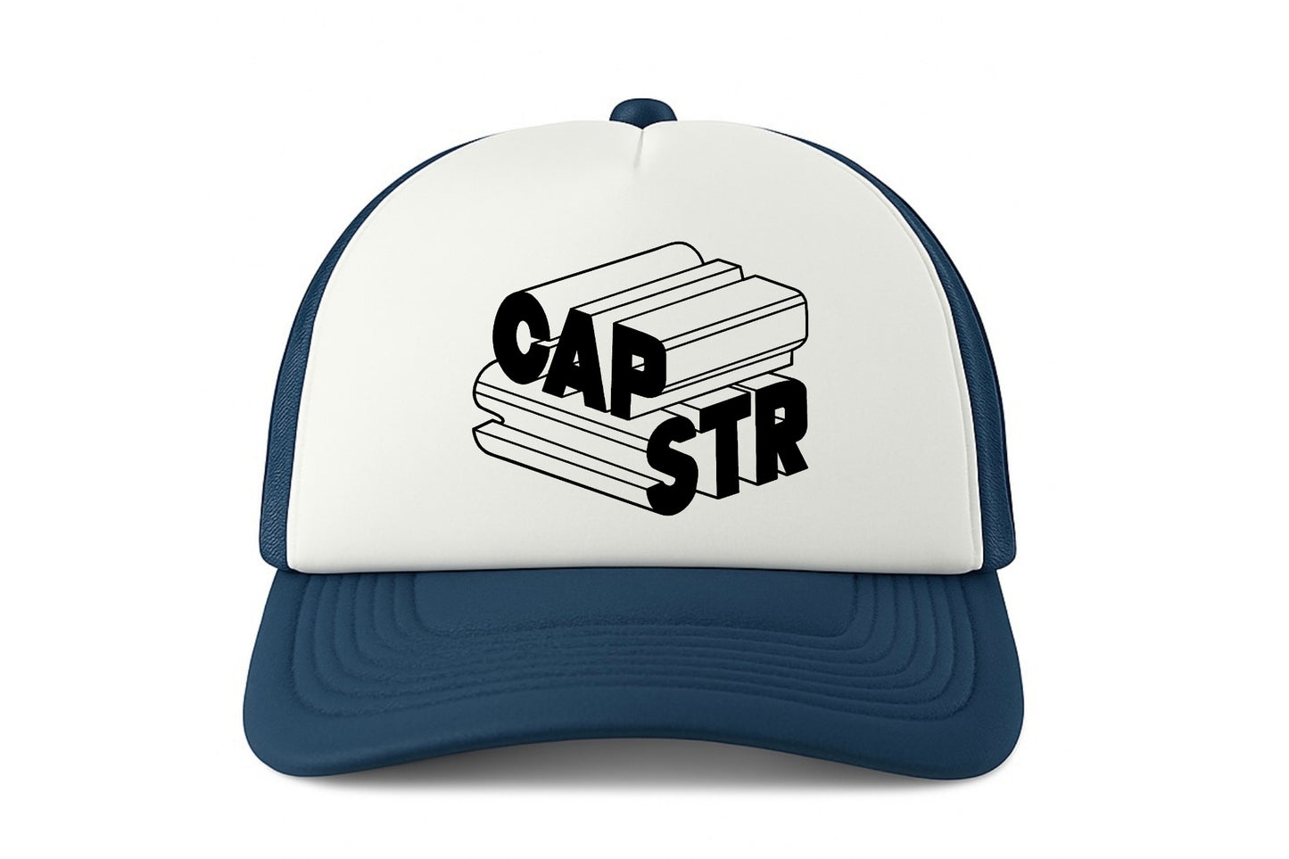 Street & graffiti art navy-white trucker cap hat with original block letter graphic CAPSTR logo by Capstr