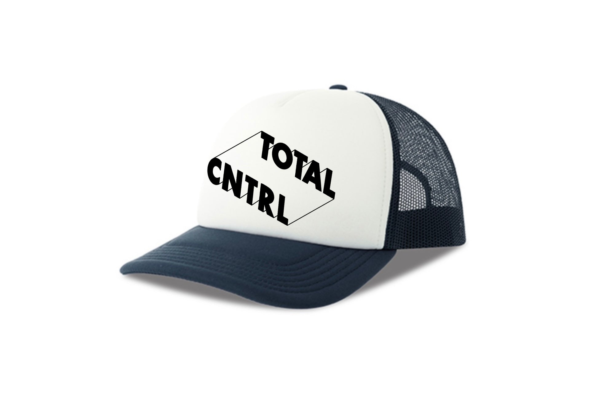 Street & graffiti art navy-white trucker cap hat with original block letter design TOTAL CNTRL by Capstr