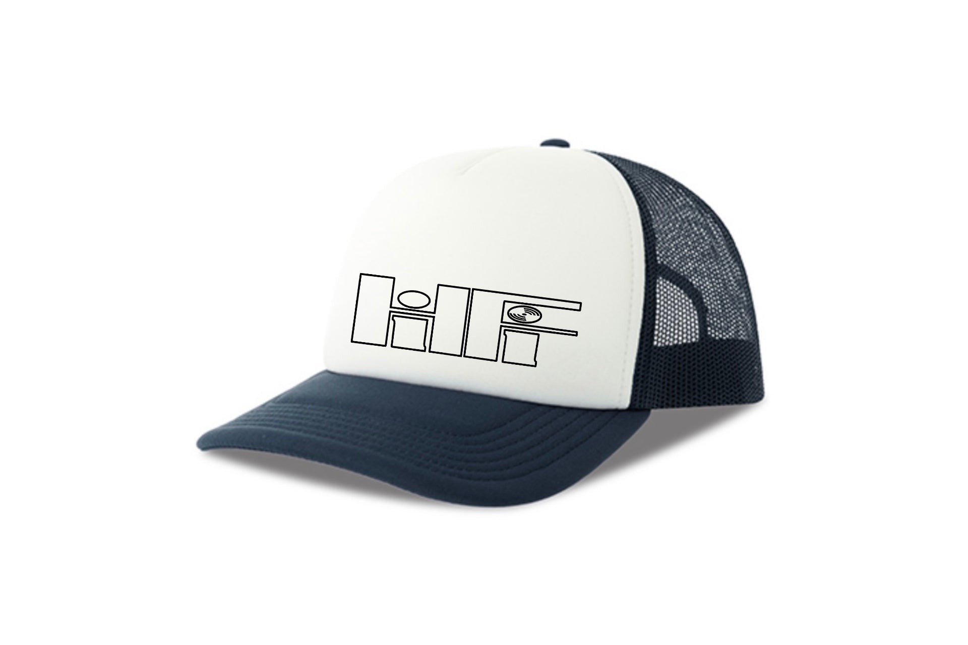 Street & graffiti art navy-white trucker cap hat with original retro HiFi print by Capstr