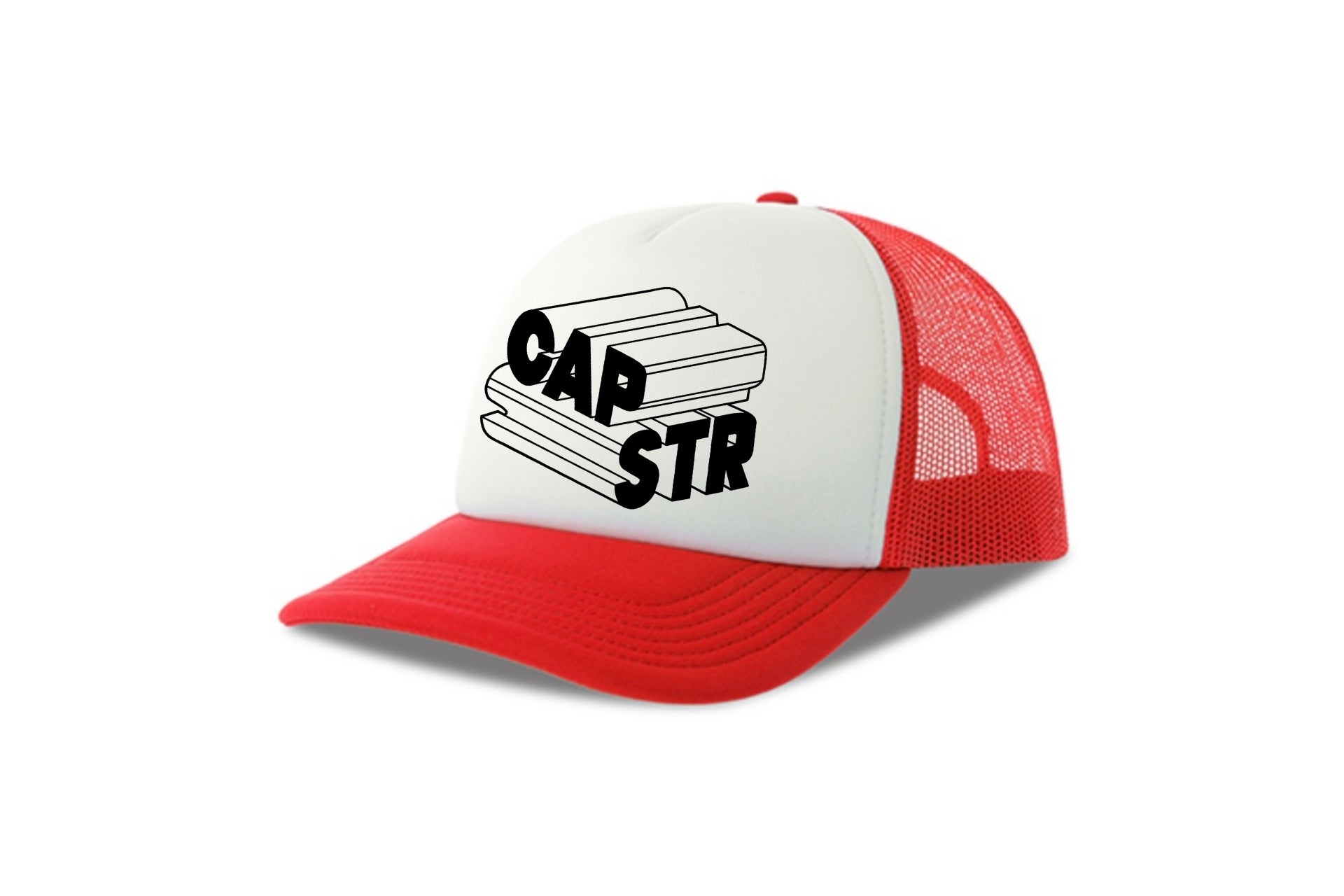 Street & graffiti art red-white trucker cap hat with original block letter graphic CAPSTR logo by Capstr