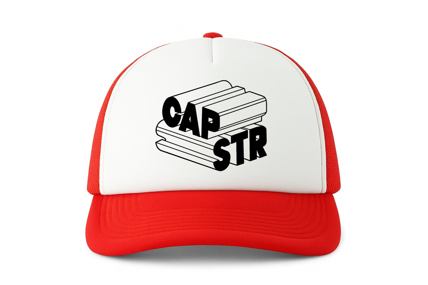 Street & graffiti art red-white trucker cap hat with original block letter graphic CAPSTR logo by Capstr