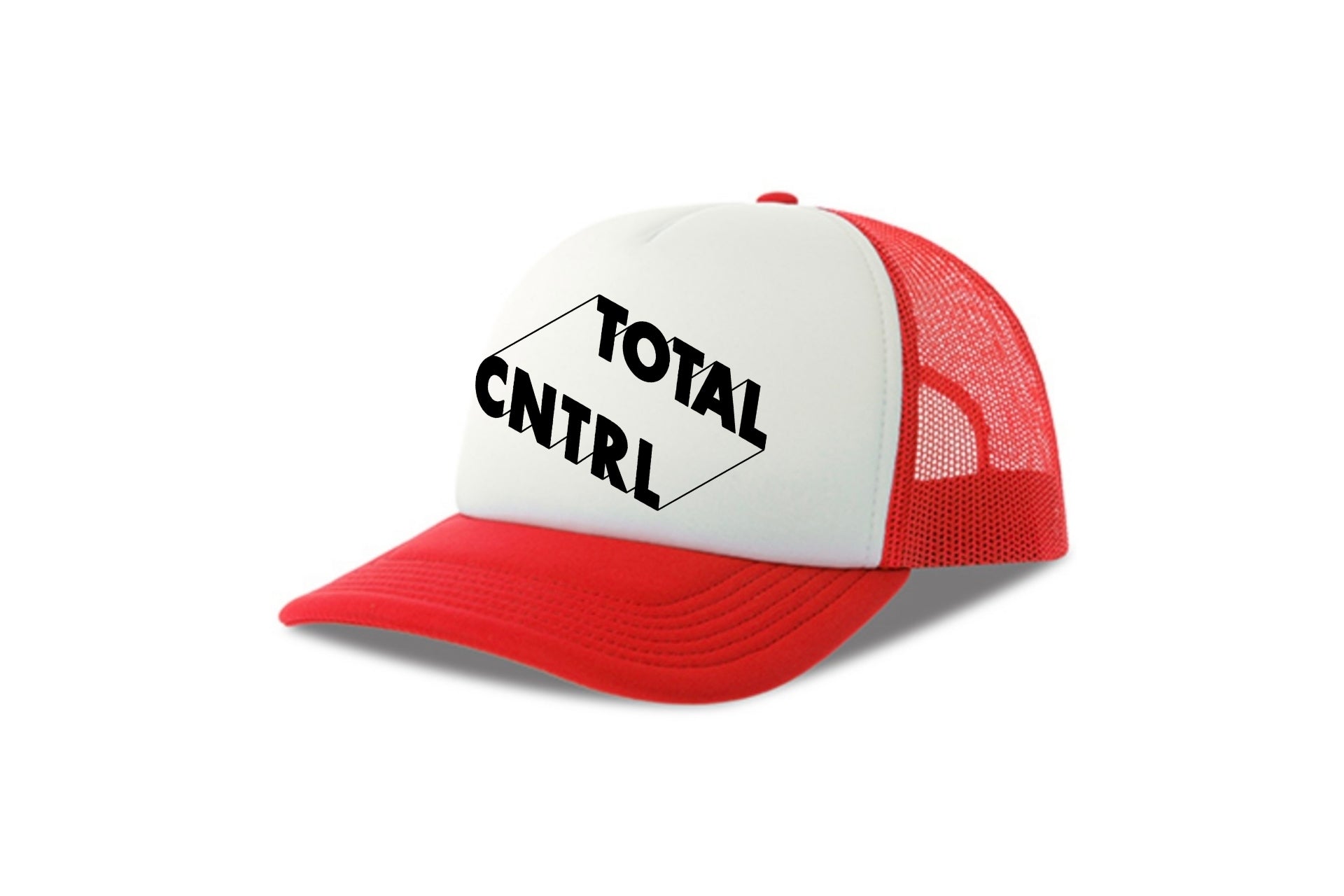 Street & graffiti art red-white trucker cap hat with original block letter design TOTAL CNTRL by Capstr