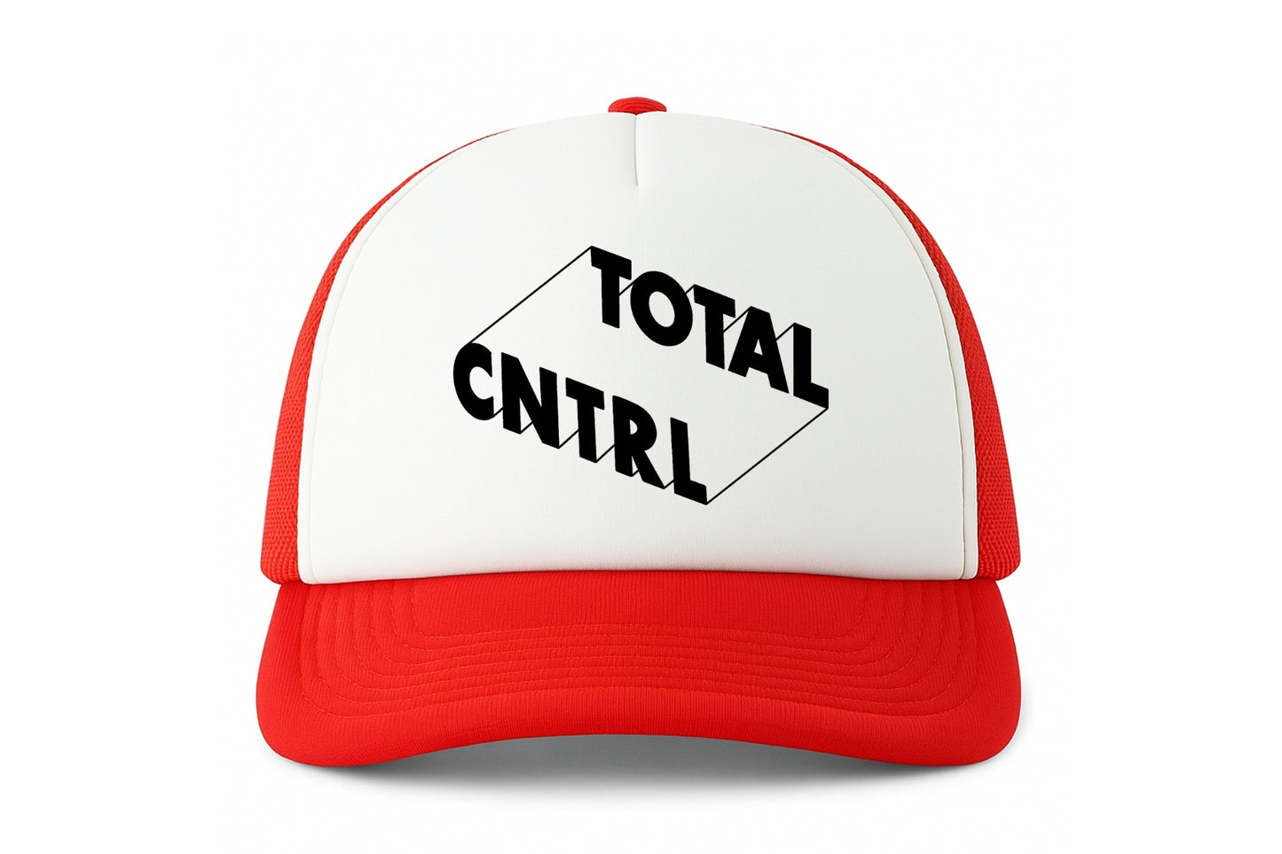 Street & graffiti art red-white trucker cap hat with original block letter design TOTAL CNTRL by Capstr
