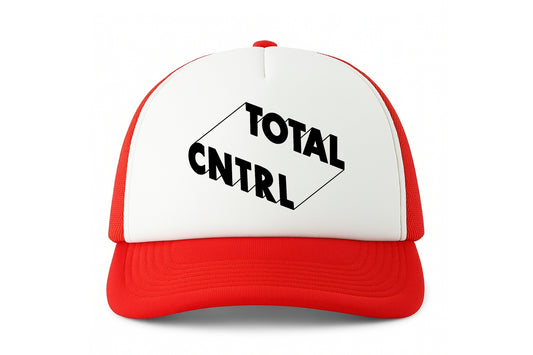 Street & graffiti art red-white trucker cap hat with original block letter design TOTAL CNTRL by Capstr
