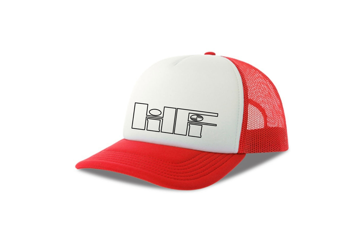 Street & graffiti art red-white trucker cap hat with original retro HiFi print by Capstr