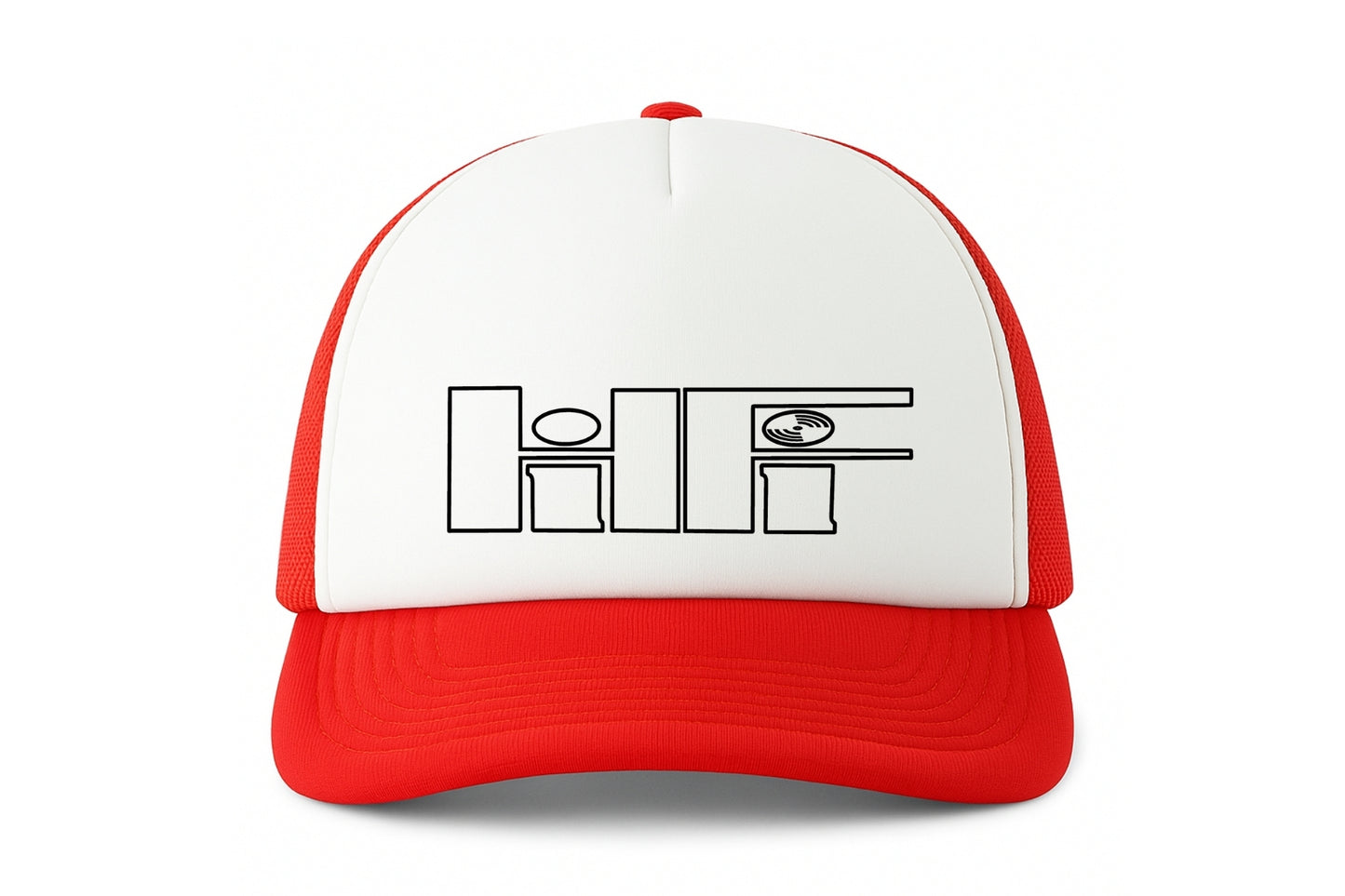 Street & graffiti art red-white trucker cap hat with original retro HiFi print by Capstr