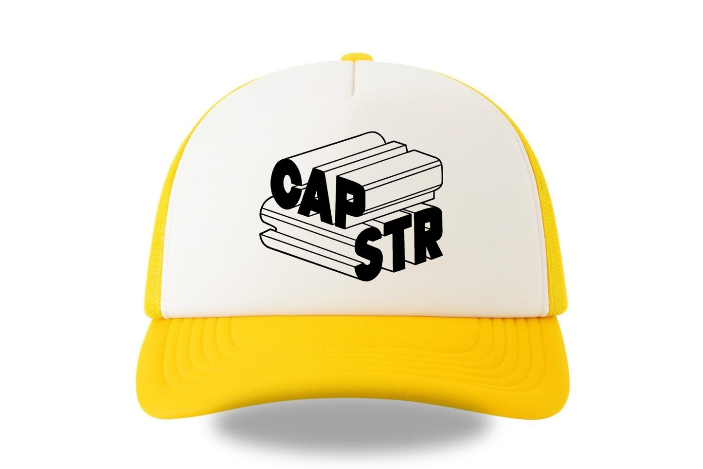Street & graffiti art yellow-white trucker cap hat with original block letter graphic CAPSTR logo by Capstr