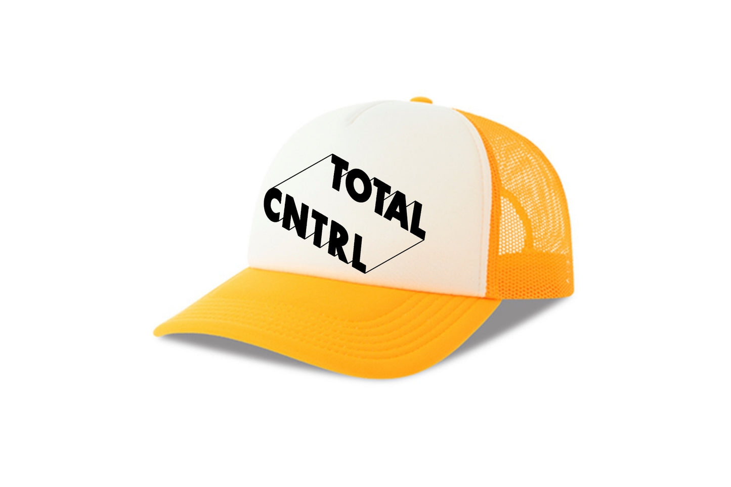 Street & graffiti art yellow-white trucker cap hat with original block letter design TOTAL CNTRL by Capstr