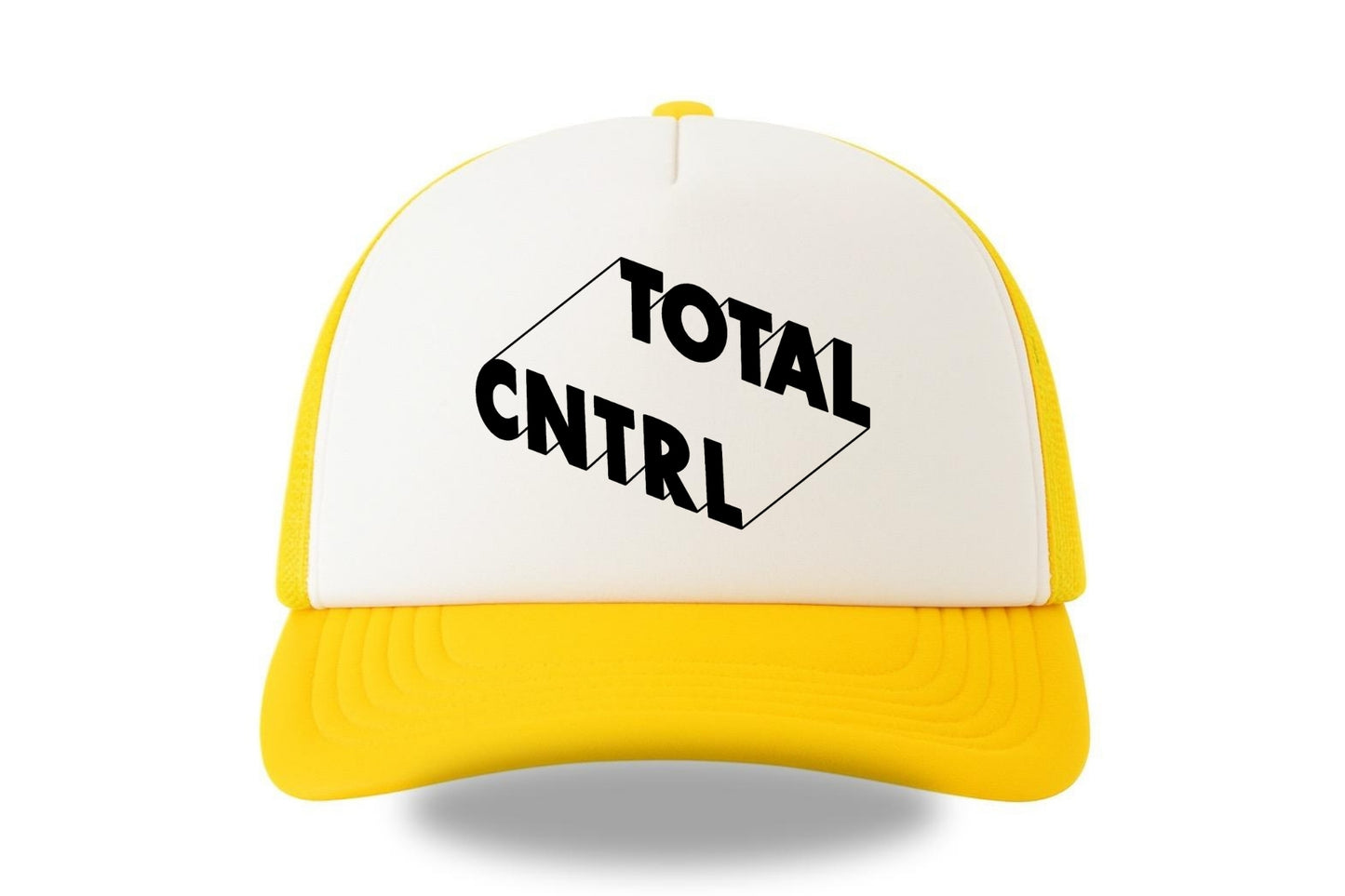 Street & graffiti art yellow-white trucker cap hat with original block letter design TOTAL CNTRL by Capstr