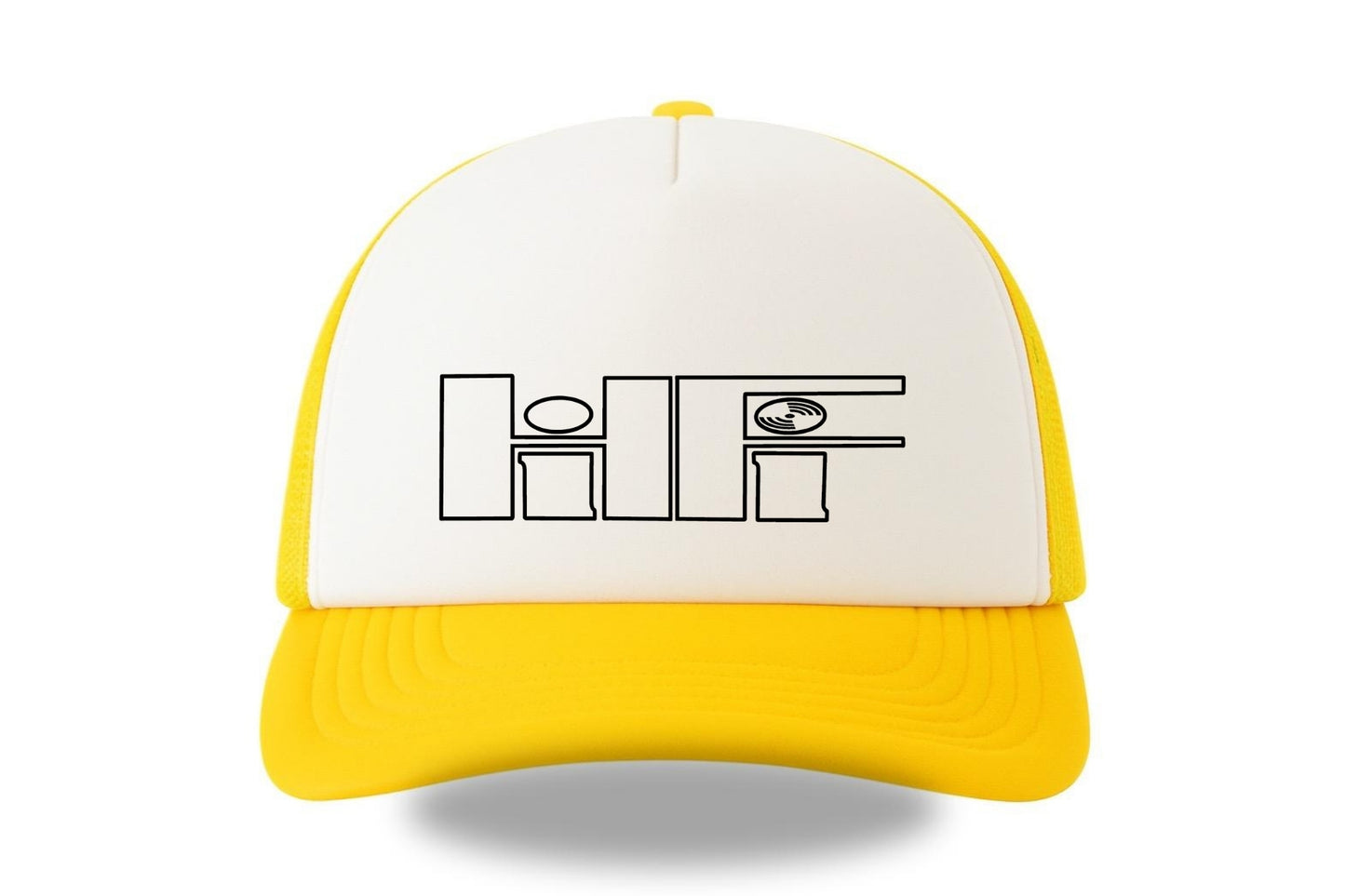 Street & graffiti art yellow-white trucker cap hat with original retro HiFi print by Capstr